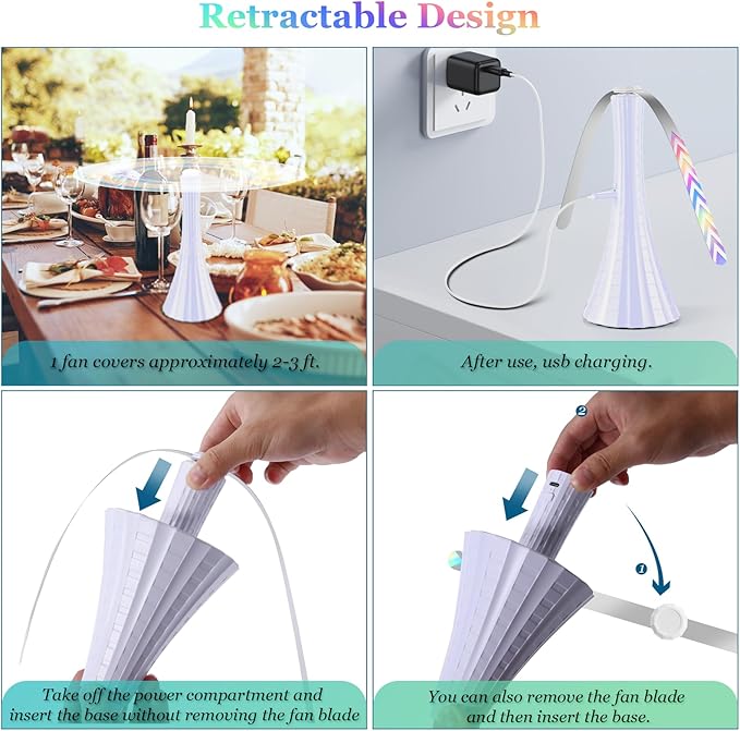 Fly Fans for Tables Rechargeable Fly Repellent Fans to Keep Flies Away by Soft Blades Food Fans for Camping Picnic Fishing Fly Repellent Outdoor Patio2PCS White