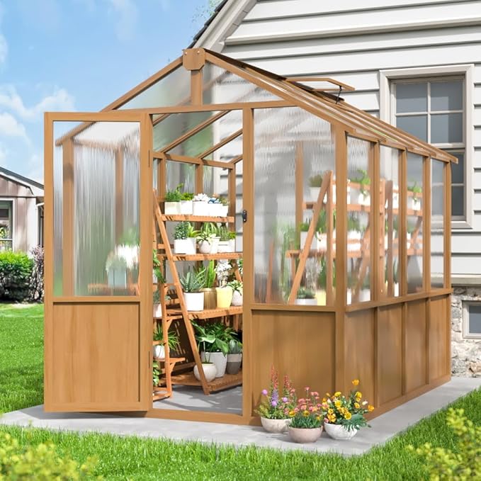 6x8 FT Wooden Greenhouse with Cedar Frame Walk-in Heavy Duty Green House for Outdoors with 6MM Thick Polycarbonate Panel and Adjustable Roof Vents Garden Backyard Patio Lawn Wood Colour