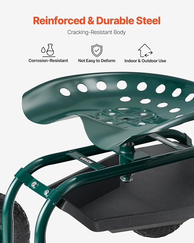 VEVOR Rolling Garden Cart with Swivel Seat Heavy Duty Garden Seat with Storage Basket &amp Tool Tray 300 lbs Weight Capacity Outdoor Utility Gardening Stool Scooter for Lawn Yard Planting Weeding
