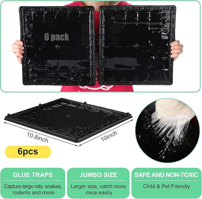 Qualirey 6 Pcs Jumbo Rat Mouse Glue Traps 10 x 10.8 Peanut Taste Pheromone Mouse Traps Large Glue Mouse Traps Snake Mouse Sticky Trap for House Warehouse Indoor Outdoor Child &amp Pet Friendly