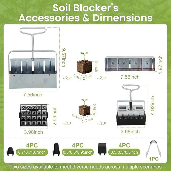 Soil Block Maker 6-Piece Set Includes 2-Inch 4-Cell And 3/4-Inch 20-Cell Soil Block Makers 3 Types Of Seed Pins Growth Tweezers Handheld Tools For Seed Starting In Greenhouse Garden And Farm Use