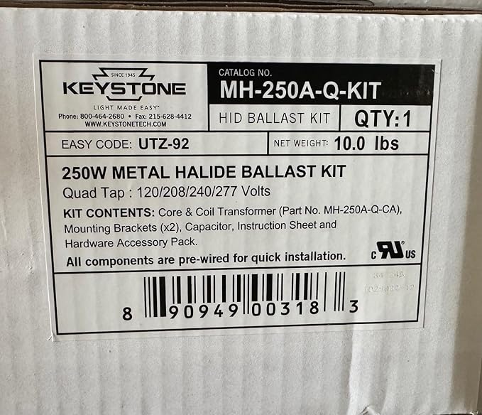 MH-250A-Q-KIT 250 Watt Metal Halide Ballast Kit 4 Tap 120/208/240/277V M58 CWA without Ignitor 4.3 x 1.65 x 4.8