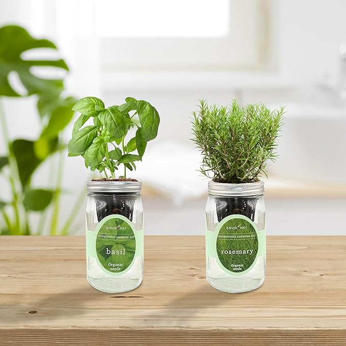 2-Pack Hydroponic Mason Jar Herb Garden Kit Indoor Herb Garden Self-Watering Starter Kit New Christmas Gift for Mom (BasilRosemary)
