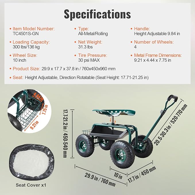 VEVOR Garden Cart Rolling Workseat with Wheels Gardening Stool for Planting 360 Degree Swivel Seat Wagon Scooter with Steering Handle &amp Utility Tool Tray Use for Patio Yard and Outdoors Gre