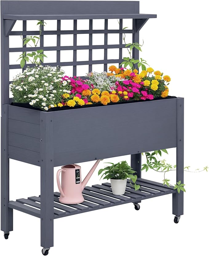 Outsunny 41 Raised Garden Bed with Trellis on Wheels Wooden Elevated Planter Box with Legs and Bed Liner for Flowers Herbs &amp Vegetables Gray
