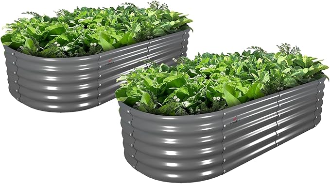 A ANLEOLIFE 2 Pcs 6X2X1.5 ft Oval Round Galvanized Raised Garden Beds Outdoor for Planting Vegetables Flowers Herb Quartz Grey