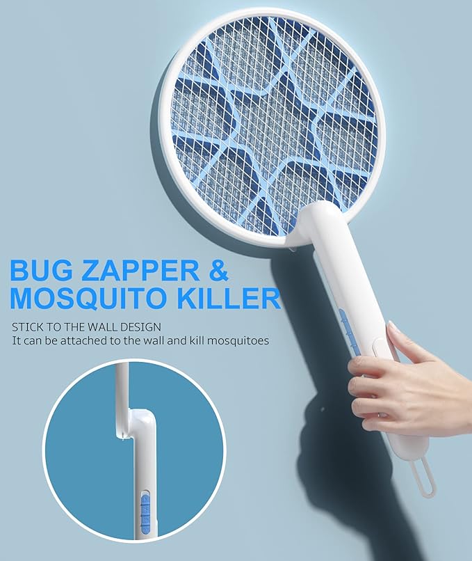 Electric Fly Swatter Foldable Bug Zapper Racket 3500Volt Mosquito Killer Electronic Fly Zapper w/Purple Light Attractant for Home Indoor Outdoor Large Size White