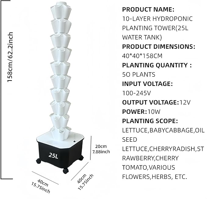 TIRUSSS Hydroponic Growing System Kit Aeroponic Tower 50 Hole Garden Vertical Vegetable Planting System with Pump and Mobile Water Tank