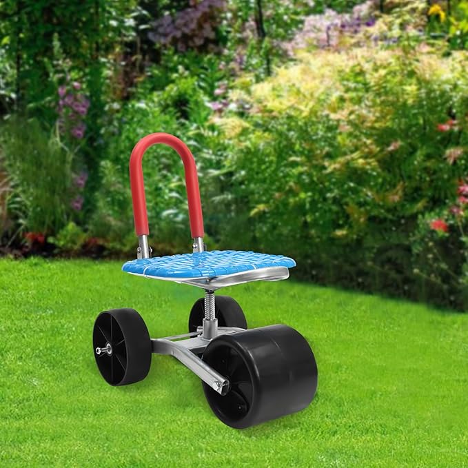 Garden Rolling Cart with Seat 360° Outdoor Bench Scooter with Wheels Gardening Work Bench with Adjustable Seat Height for Home Agriculture Lawn Patio Planting (Blue)