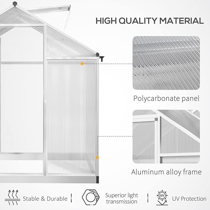 Outsunny 8' x 6' Greenhouse for Outdoors Polycarbonate Greenhouse with Rain Gutter and Roof Vent Aluminum Walk-in Green Houses for Outside Patio Backyard Garden