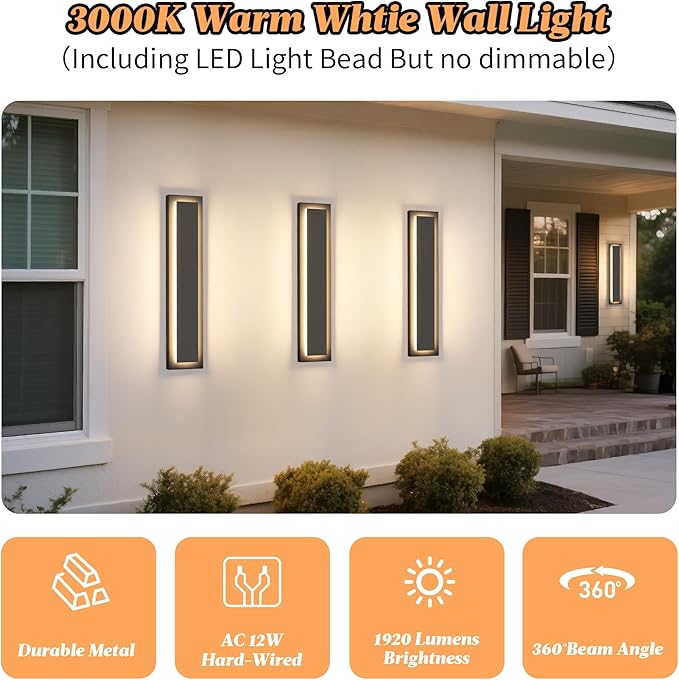 Modern Outdoor Wall Lights -𝟐𝟒 𝐈𝐍 Long Exterior Lighting FixturesBlack LED Outdoor Wall Sconce Use for HousePorchGarageFront Door PatioIP65 Waterproof3000K Warm White24W2 Packs
