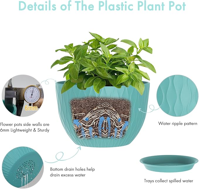 12 Inch Large Plant Pots for Indoor or Outdoor Plants Wide Water Ripples Flower Pots with Drainage Holes &amp Saucer Plastic Planters Set for Garden &amp Home Decor (Blue Green)