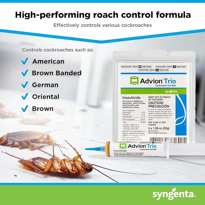 Advion Trio Cockroach Gel Bait 4 Tubes x 30-Grams 1 Plunger and 2 Tips Formulated with 0.6% Indoxacarb 0.1% Novaluron and 0.1% Pyriproxyfen Ready-to-Use Roach Killer for Indoor and Outdoor Use