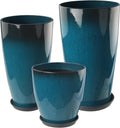 24-21-11 Inch Tall Planters Set of 3 Indoor Outdoor Blue Glossy Round Planter with Drainage Hole and Saucer Large Decorative Plant Pots for Home Garden Porch (Blue)