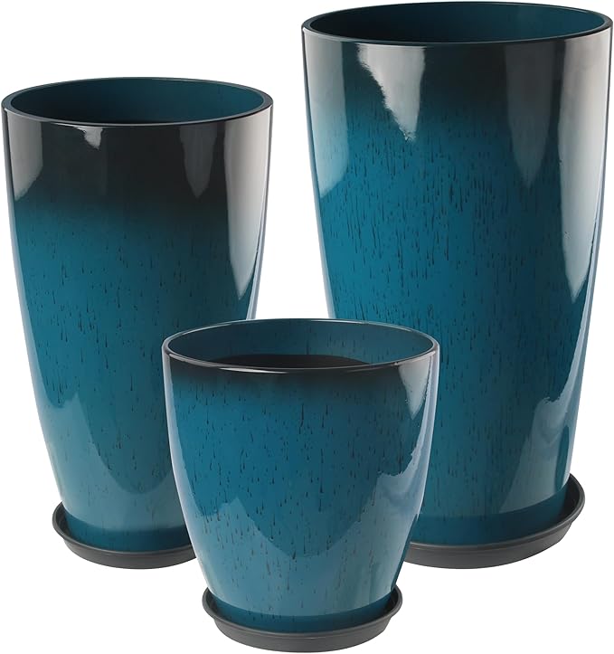 24-21-11 Inch Tall Planters Set of 3 Indoor Outdoor Blue Glossy Round Planter with Drainage Hole and Saucer Large Decorative Plant Pots for Home Garden Porch (Blue)