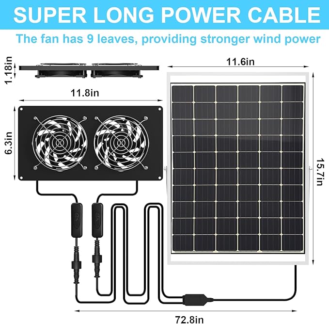 Chicken Coop Solar Powered Dual Metal Shell Fan Kit 20W Solar Exhaust Fan IPX7 Monocrystalline Solar Panel Ventilation Air Cooling Fans for Chicken Coops Greenhouses Sheds Dog Houses Plug &amp Pl