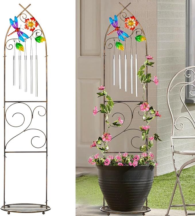 Garden Trellis with Plant Stands 48” Metal Detachable Dragonfly Plant Pot Trellis with Wind Chimes for Climbing Plants Outdoor Lawn Patio Porches Decor