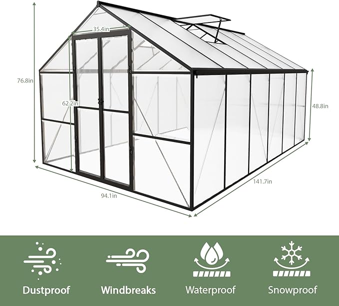 8 x 12 FT Outdoor Greenhouse Heavy-Duty Polycarbonate Greenhouse with Aluminum Frame Lockable Door Adjustable Roof Vent Walk-in Green House for Backyard Garden Patio