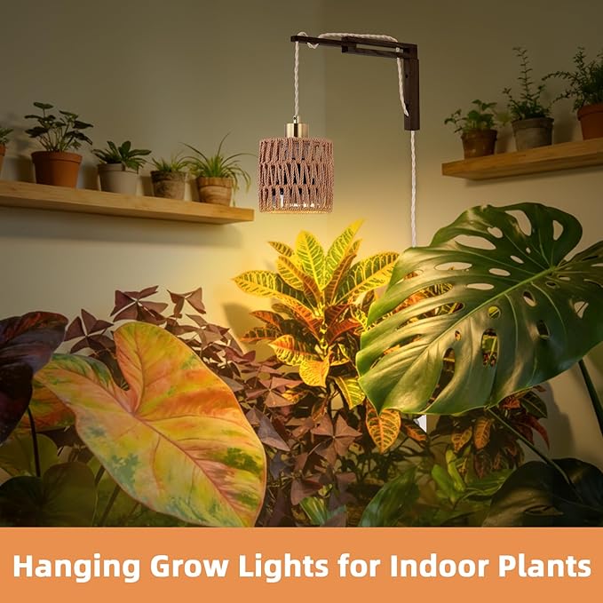 Hanging Grow Lights for Indoor Plants - 35W 4000K Full Spectrum Plant Light Wall Mounted Grow Light with Wooden Bracket Timer 15FT Power Cord Ideal for Plants Flowers &amp Home Decor