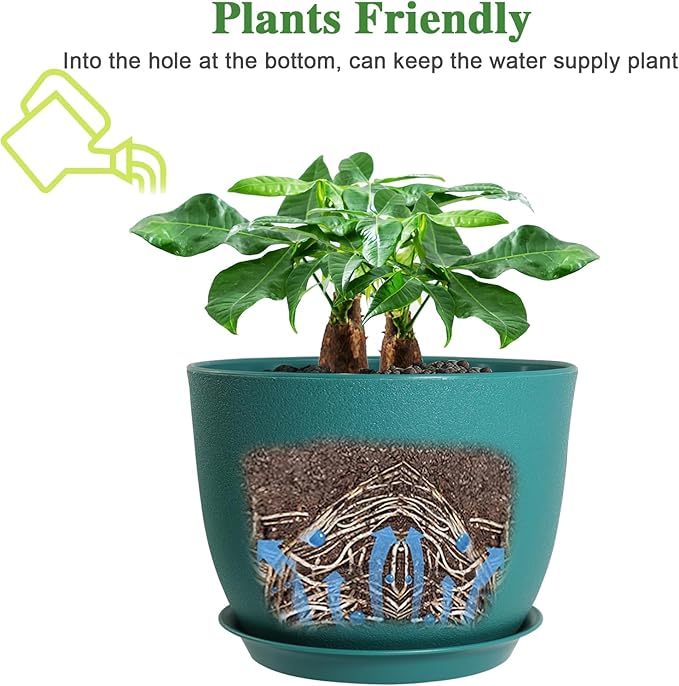 12/10/9 Large Modern Plant Pots Plastic Planters with Drainage Holes and Saucers for Indoor Outdoor Plants Flowers Malachite Green