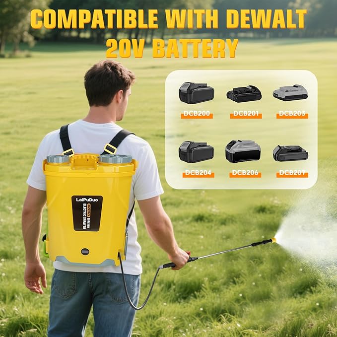 Battery Powered Backpack Sprayer 5.3 Gallon100 PSI Electric Garden Sprayer Compatible with DeWalt 20V Battery Weed Lawn Sprayer with Telescopic Wand 4 Nozzles 3.0 Ah Battery &amp Charger Included