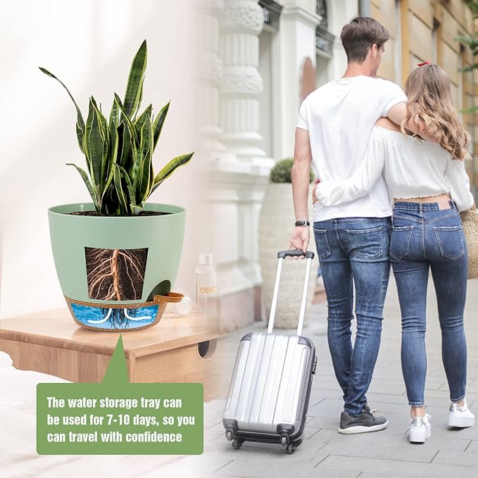 Large Self Watering Pots 12/10/9 Plastic Planters with High Drainage Holes and Deep Reservoir for Indoor Outdoor Garden Plants and Flowers Green with Brown
