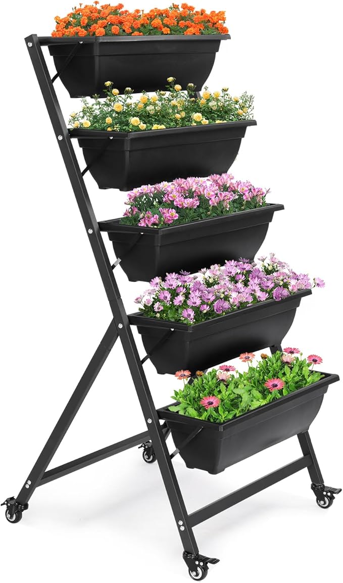 Vasitelan Vertical Raised Garden Bed 5 Tiers Vertical Raised Garden Planter Garden Raised Bed with 4 Wheels Vegetable Flower Planter Raised Stand for Garden Patio Yard Black