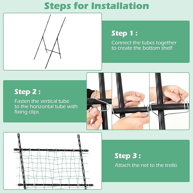Happygrill Trellis for Climbing Plants Outdoor Cucumber Trellis w/PE-Coated Frame Trellis Net Fixing Clips Zip Ties A-Frame Sturdy Metal Plant Support for Tomato Grape Clematis