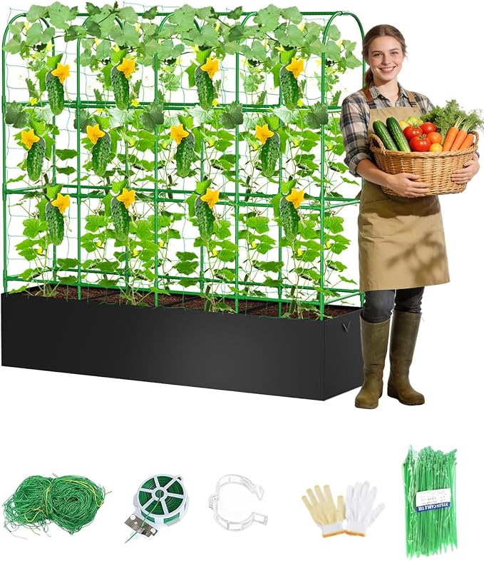 Cucumber Trellis with Grow Bags for Garden U Frame Garden Trellis for Climbing Plants Metal Plant Trellis with Garden Netting for Vegetables Flowers Fruits(5 Arches)