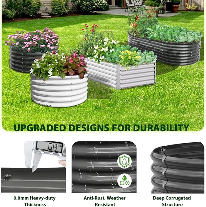 A ANLEOLIFE 8X4X2 ft Galvanized Raised Garden Beds Outdoor Oval Large Metal Deep Root Planter Box for Planting Vegetables Flowers Herb Anti-Rust &amp Easy-Setup Quartz Grey