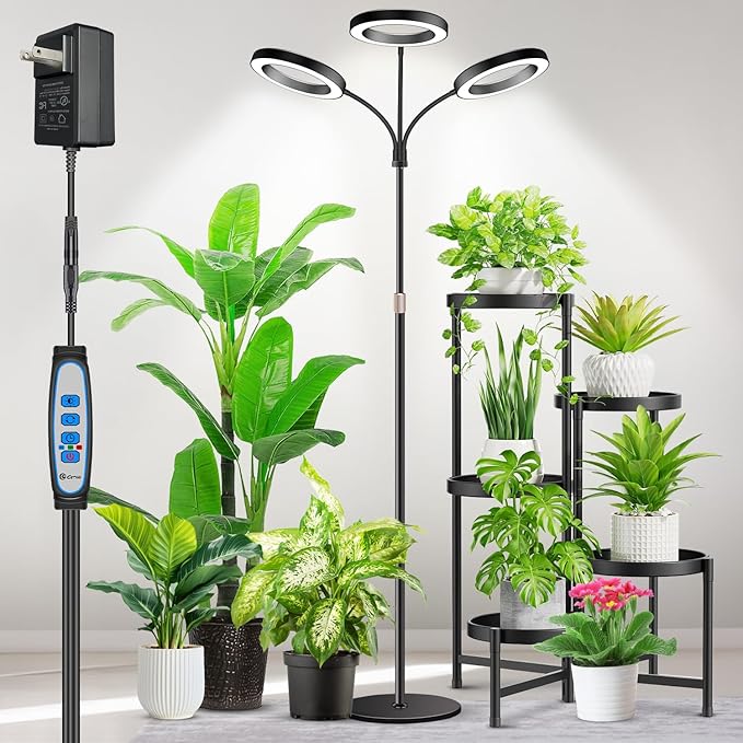 Grow Lights for Indoor Plants 3 Head Full Spectrum Plant Light with 68 Adjustable Stand for Growing Large Tall Plants Black Halo Floor LED Grow Lamp with 16 Hour Timer