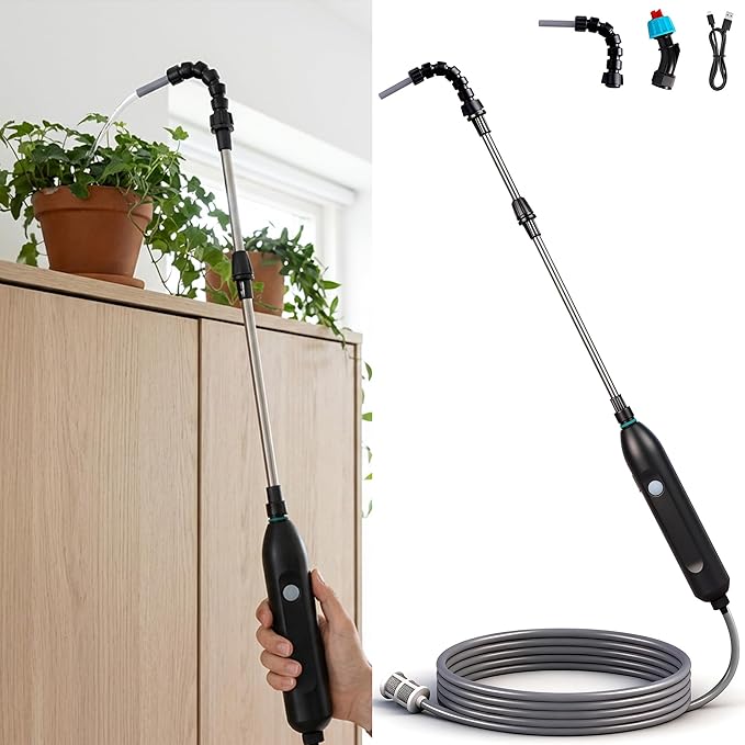 Rechargeable Cordless High Reach Plant Waterer - with Telescopic Wand Plant (25.6–33.4 in) Watering Can Hanging Plants Baskets 2 Adjustable Nozzles and 8.6ft Water Hose for Yard Lawn Weeds Plants