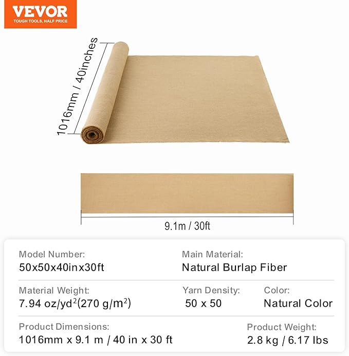 VEVOR Burlap Fabric Roll 40” x 30 ft &amp 45 x 45 High Density Wide Natural Burlap Fabric Rolls Jute Fabric Burlap Tree Wrap Roll for Decor Crafts Wedding Gardening Plant &amp Tree Winter Cov