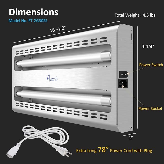 Awoco 11W LED Stainless Steel 100V-240V Wall Mount Sticky Fly Trap Lamp for Capturing Flies Mosquitoes Moths and Flying Insects Perfect for Home Restaurants Warehouses (with 6 Glue Boards)
