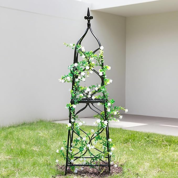 Obelisk Trellis for Garden - 38.3 x 10.03 Durable Metal Climbing Support for Roses Vines &amp Flowers | Elegant Black Design with Decorative Top &amp Hollow Sides