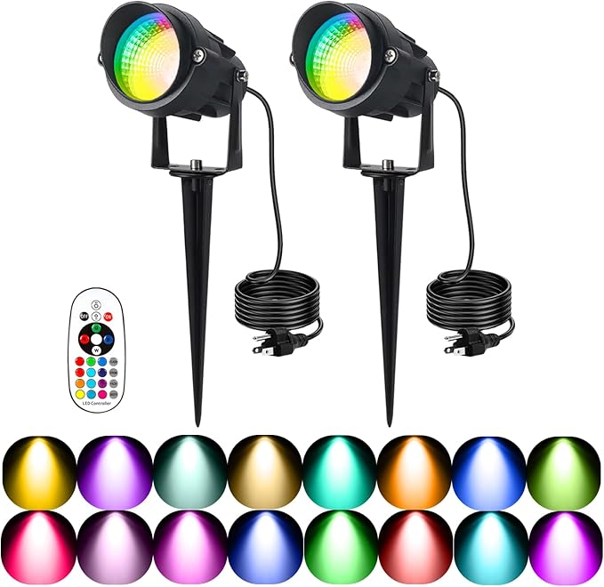 Christmas Spotlights Outdoor 12W RGB Color Changing Landscape Lighting 120V Waterproof Spotlight with Plug &amp Remote for House Garden Path Tree Patio Lawn Decoration （2 Pack