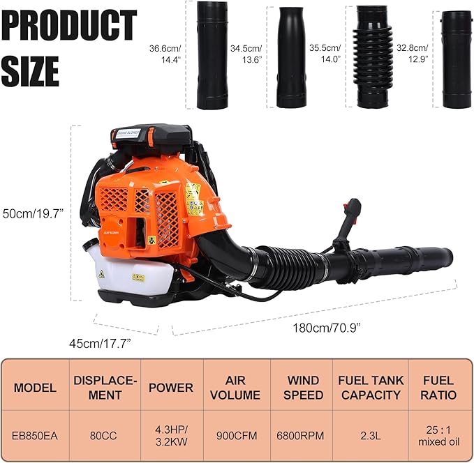 Backpack Leaf Blower 80CC 2 Stroke Gas Powered Backpack Leaf Blower 3.2KW High Power for Blowing Leaf Cleaning Dust with 2.3L Fuel Tank Adjustable Offset Handle Ergonomic Harness System 900CFM
