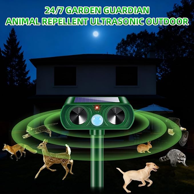 2 Pack Solar Ultrasonic Animal Repeller Outdoor Cat Deer Repellent Devices with Motion Sensor IP65 Waterproof Animal Deterrent Devices for SquirrelsRabbitsDogsRaccoonsSkunks for Garden Yard Farm