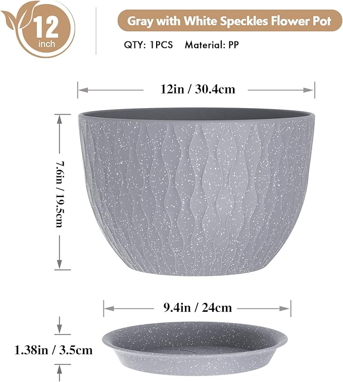 12 Inch Wide Water Ripples Flower Pots for Indoor or Outdoor Plants Large Plant Pots with Drainage Holes &amp Saucer Plastic Planters Set for Garden &amp Home Decor (Grey with White Speckles)
