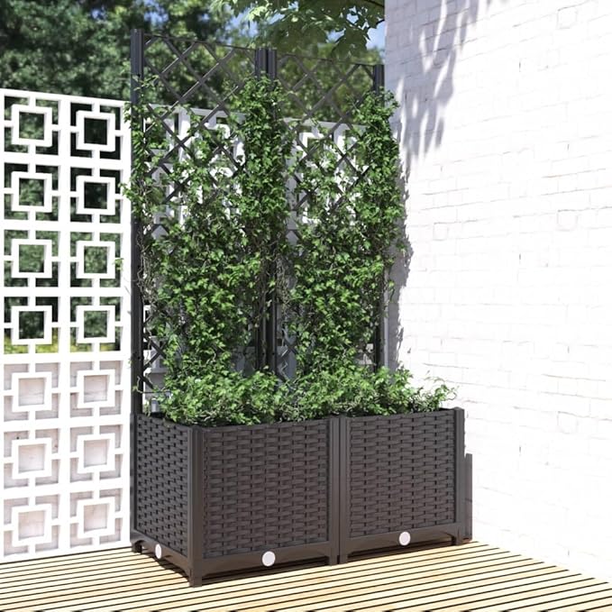 Matte Black Rectangular Garden Planter with Trellis 31.5x15.7x53.5 Durable Polypropylene Raised Bed for Patio Balcony Terrace Outdoor Use