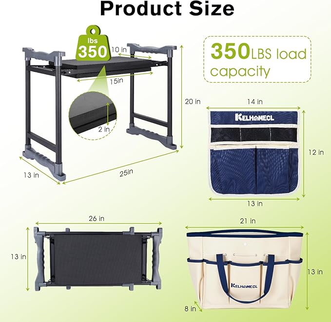 Garden Kneeler and Seat with Umbrella 2-in-1 Foldable Gardening Stool with Adjustable Bracket Detachable Tool Bags Heavy Duty Kneeling Pad for Gardening (Beige Blue)