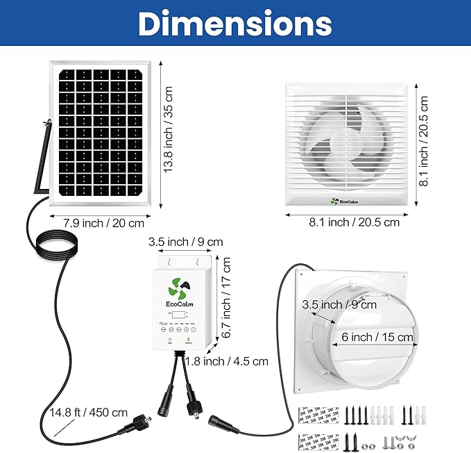 Solar Powered Fan with Battery and Adjustable Thermostat 6“ Solar Fan for Chicken Coop with 12W Bifacial Solar Panel Outdoor Greenhouse Exhaust Fan with Anti-backflow Valve