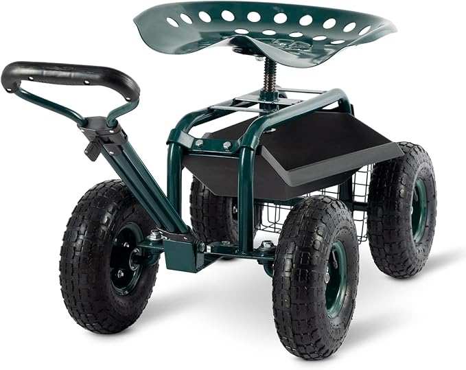 Garden Cart with Workseat Outdoor Gardening Carts with Seat Heavy Duty Rolling Garden Stools Scooter with Handle and Storage for Seniors Green