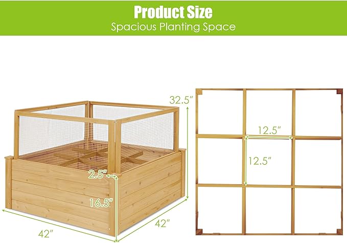 Giantex Raised Garden Bed with Fence Wood Planter Raised Bed with Critter Guard Fence 9 Grids Plant Container Outdoor Plant Box for Garden Patio Backyard Balcony (42 Lx42 Wx32.5 H)