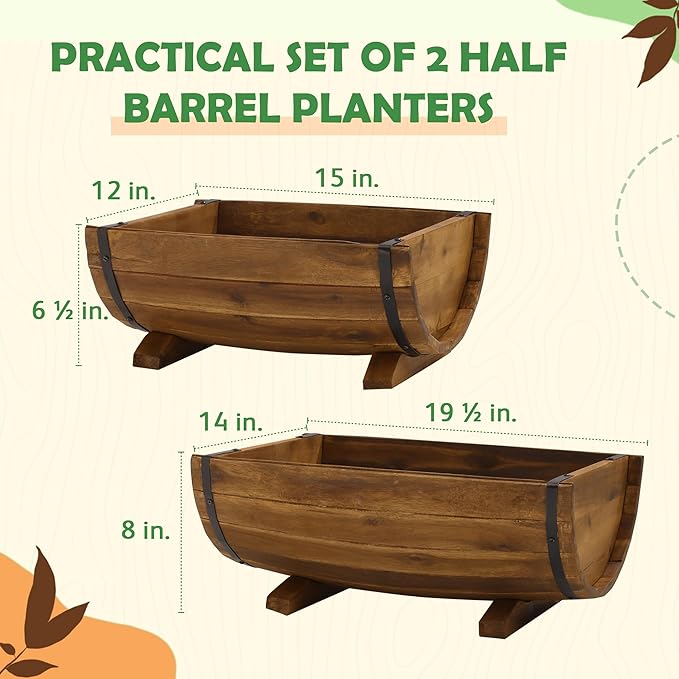 IDZO Solid Acacia Wood Half Barrel Planters Outdoor Set of 2 Different Sizes Wooden Planters for Outdoor Plants with Metal Bands &amp Drainage Holes Legs Included Brown