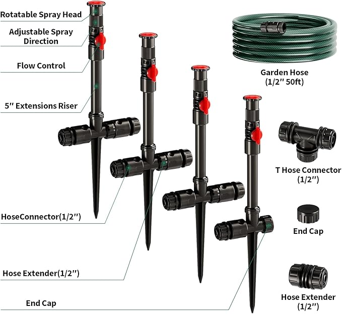 Flexible Sprinkler System Above Ground DIY Irrigation Kit Multi-Adjustable Lawn Sprinkler Set Ideal for Plant and Flower Bed Watering 50ft Garden Hose Included