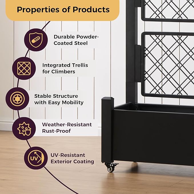 Metal Raised Garden Bed with Trellis 50Hx38Wx14D Inch Compact Planter Box for Climbing Plants Patio Balcony Garden Privacy Screen with Wheels and Drainage Holes Black