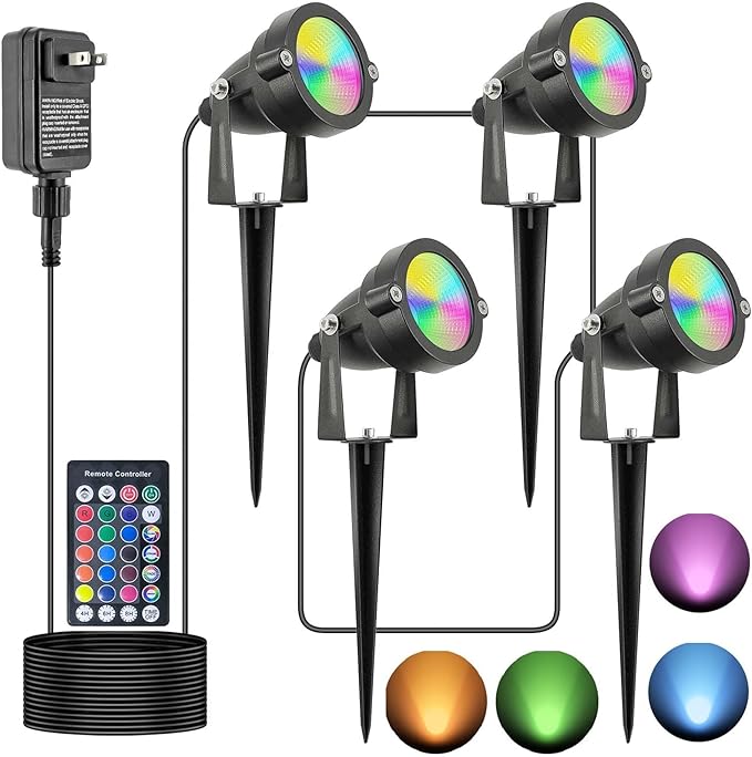 Christmas 20W RGB Outdoor Spot Lights with TimerHalloween Landscape Spotights IP65 Waterproof Metal Color Changing Spotlight for Outdoor Yard Garden (4 Lights)