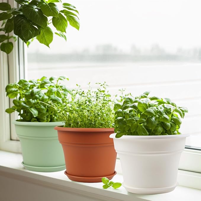 8 Inch Plastic-Flower Pot-for-Indoor Plants 4 Pack Large Outdoor Planter Pot with Drainage Holes &amp Saucers Resin Decorative Garden Pots Planters