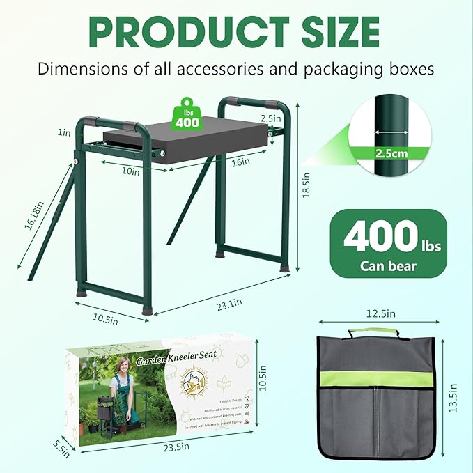 Heavy Duty Garden Kneeler &amp Seat with Support Legs 400lbs Capacity Foldable Gardening Stool Extra Thick Pad &amp Large Tool Organizer Bag Ergonomic for Seniors - Dark Green